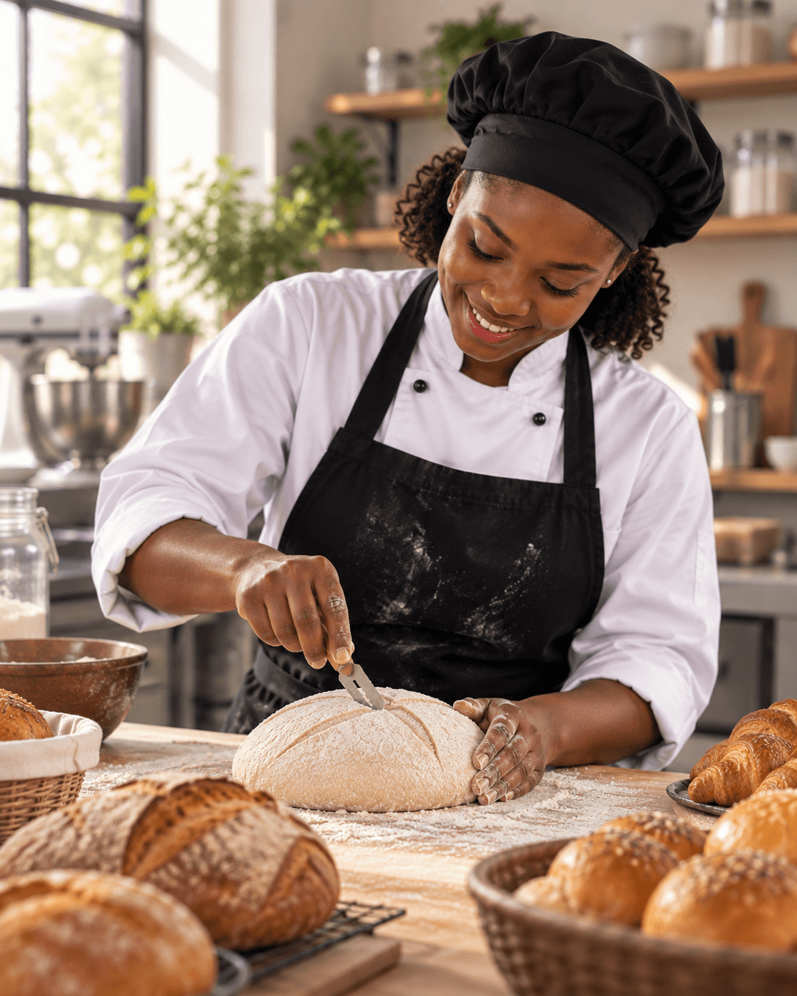 Baker scoring bread dough with fresh loaves on the worktop