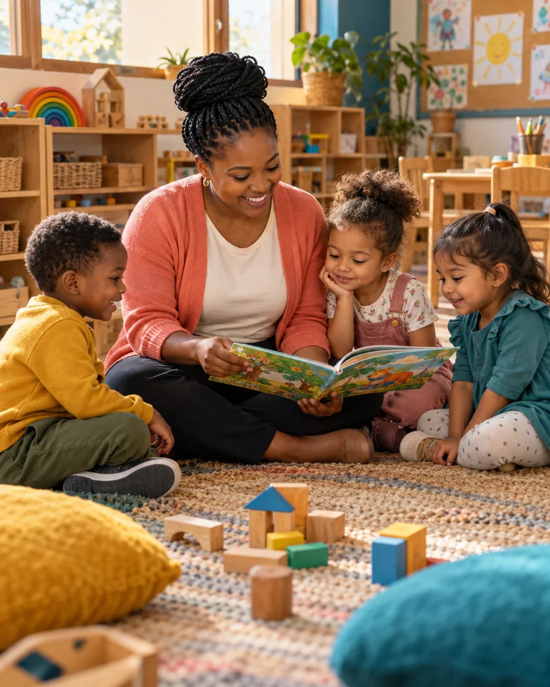 Illustration of an educator sharing a story with young children